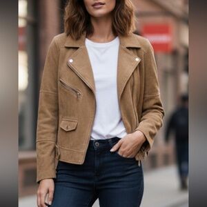 H&M Divided faux suede camel moto jacket size 12 like new